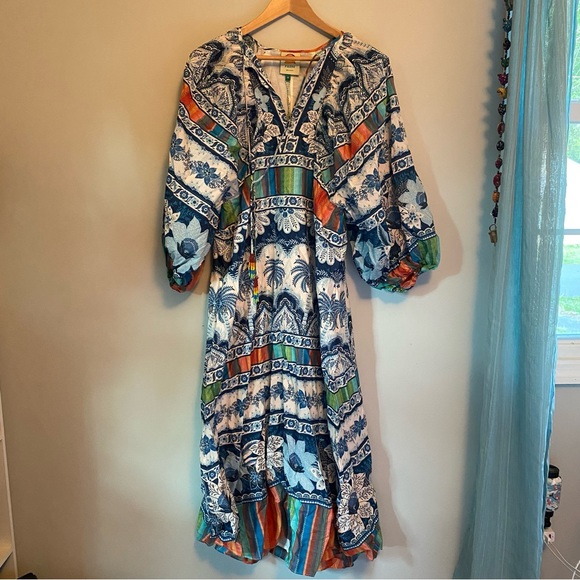 FARM RIO BLUE PALMS BALLOON SLEEVE DRESS SIZE MEDIUM NEW with TAGS - Picture 2 of 16